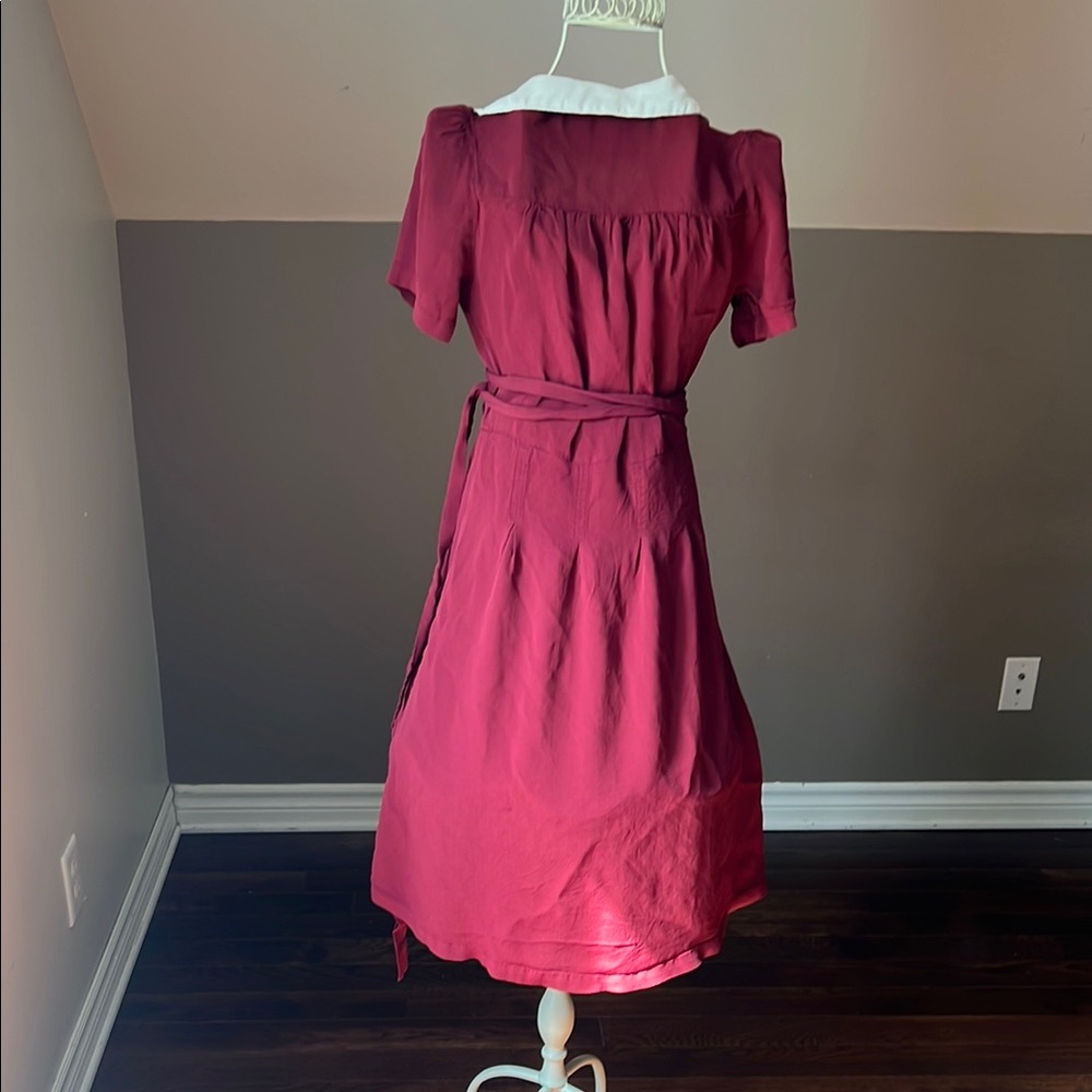 Red Puff Sleeve Wrap Midi Dress for Weddings - Picture 3 of 6